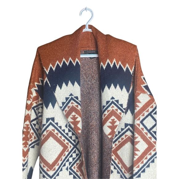Tahari Aztec Cardigan Sweater Rust Navy Cream Geometric Open Front Women’s Mediu - Picture 3 of 6